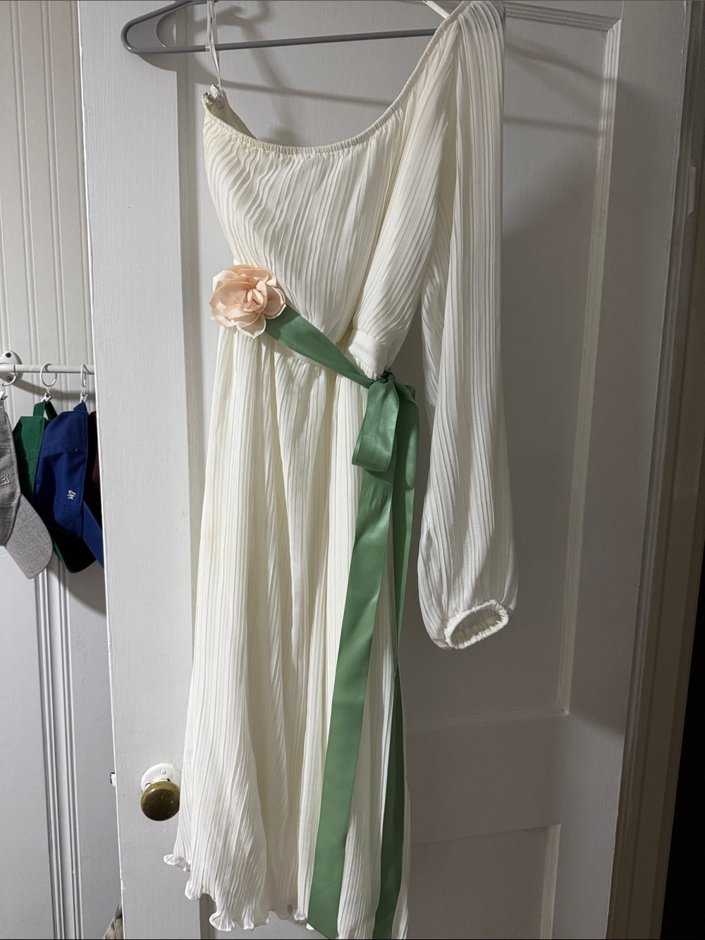 Lulu's Ivory One-Shoulder Pleated Dress with Green Sash and Blush Rose